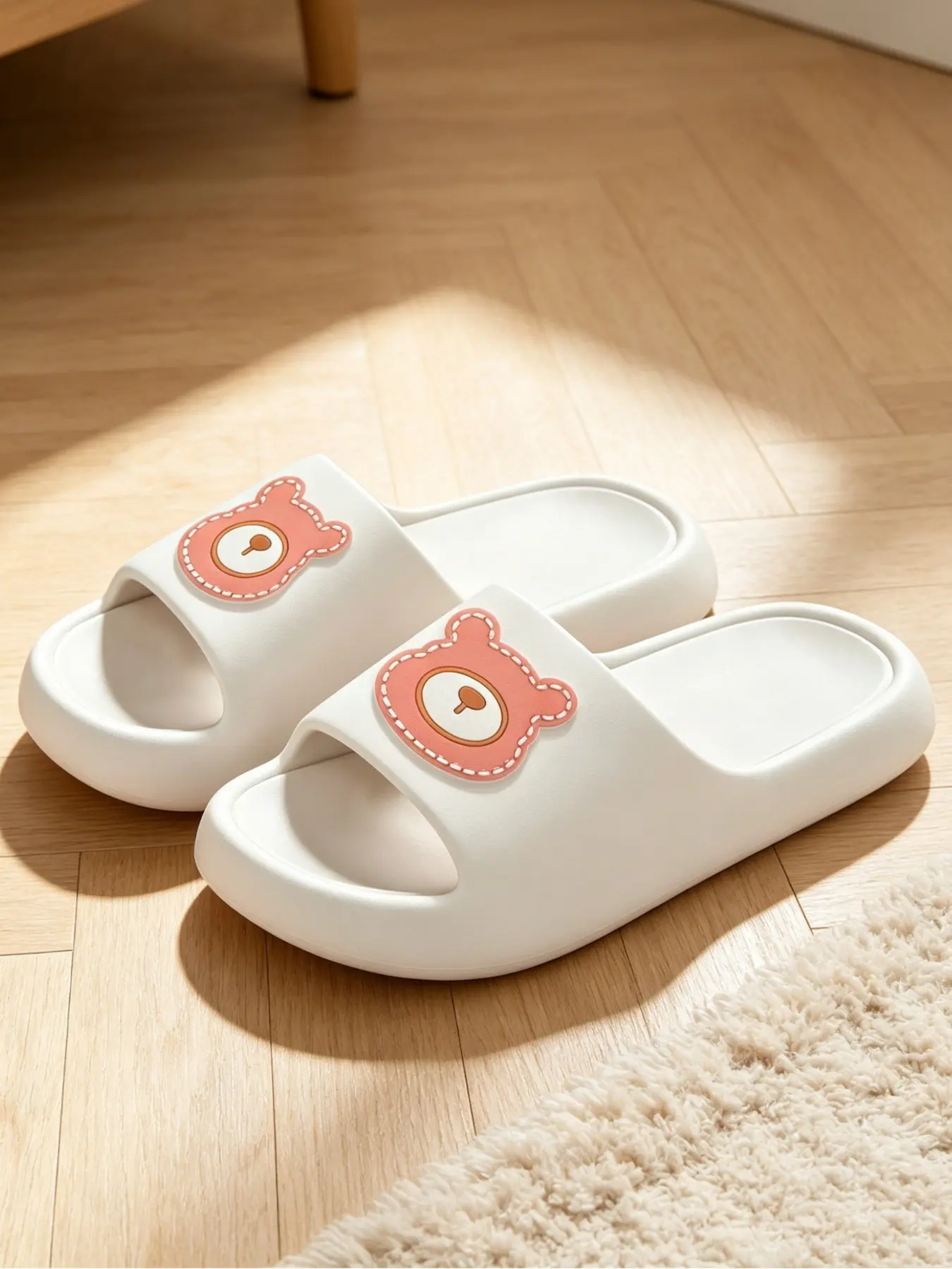 Cute Bear Decor Cloud Slides, Soft Pillow Slippers for Women, Non-Slip Eva House Slides, Indoor & Bathroom, Size Up for Wide Feet, Footwear