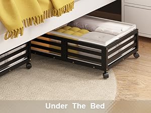 Bed with Wheels-Large Bamboo Underbed Containers with Large Dust Bag Stackable the Bed Shoe Bins for Clothes Books Bedding (2 Packs Black, 23.62"L*16.54"W* 6.51"H)