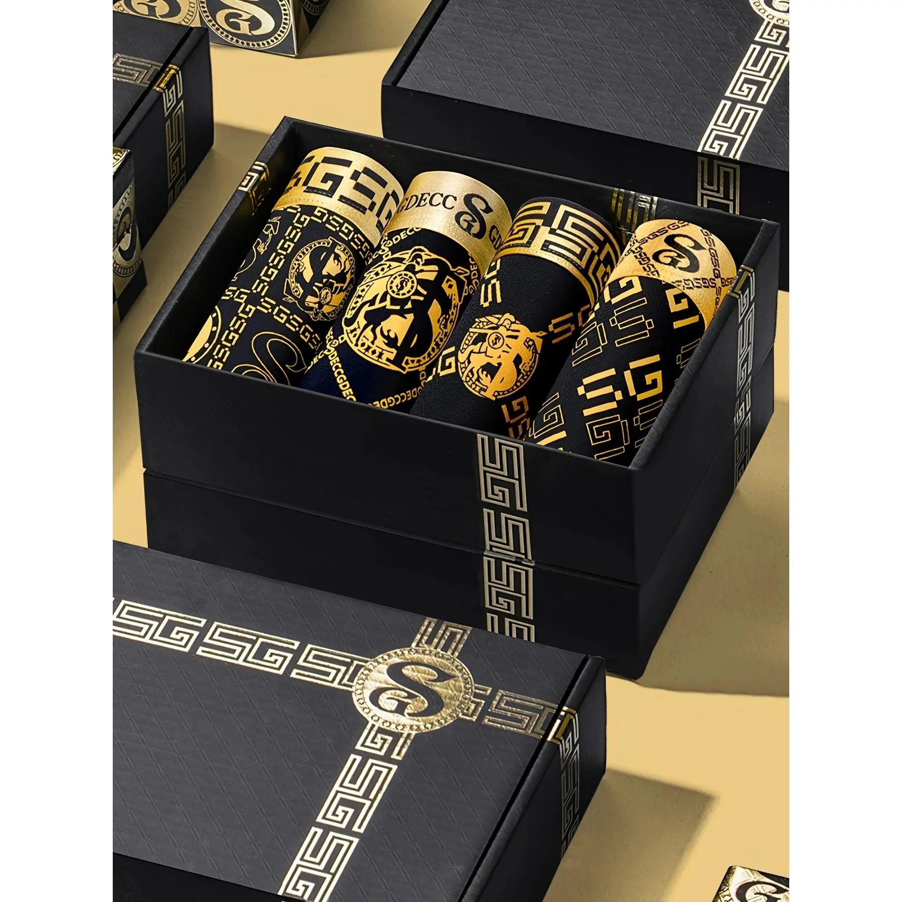 Men's 4-Piece Designer Black & Gold Boxer Briefs Gift Set, Ice Silk Fabric, Skin-Friendly, Soft, Highly Elastic