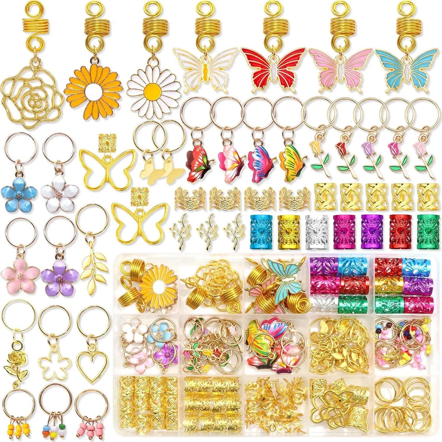 Ladies' 146PCS Gold Handmade Hair Jewelry Set - Metal Alloy Coils, Rings, Cuffs, Butterfly & Floral Charms for Locs, Dreadlocks, Braids - Special Events Accessories for Teens