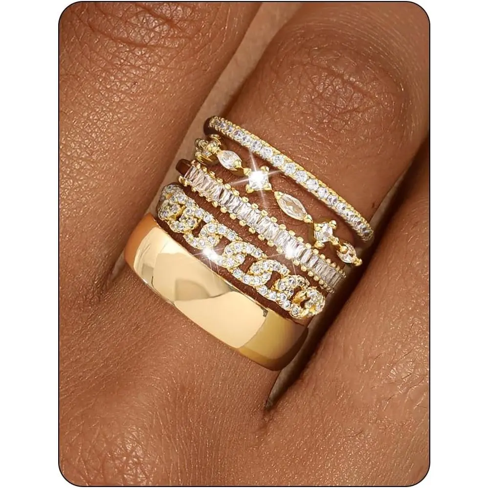 Stackable Gold Rings for Women Non Tarnish Chunky 14K Gold Plated Stacking Cubic Zirconia Engagement Thumb Ring Set Stack Pack Statement Wedding Band Rings Promise Rings Gold Jewelry