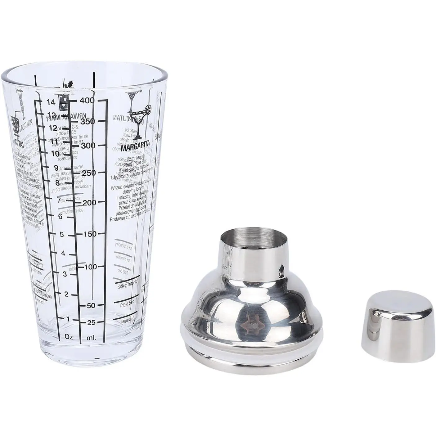 Sorandy Glass Cocktail Shaker, 14oz 400ml Leak Proof Shaker with Lid & Strainer, Dual Measuring Scale Bartender Tool, Includes 6 Recipes, Ideal for Home Bar, Party & Professional