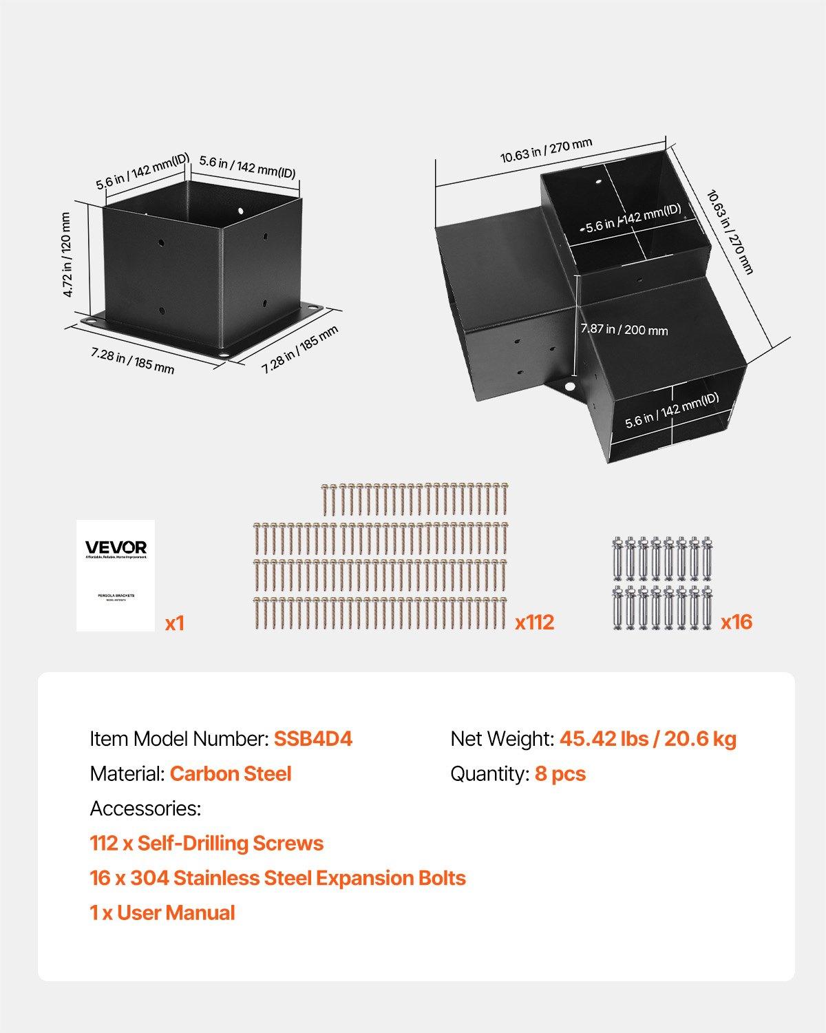 VEVOR Pergola Bracket Kit, 6x6 Inch (Inner Size 5.5x5.5), 4 Pcs 3-Way Heavy Duty Corner Bracket Woodworks DIY Post Base Kit, Easy Installation Wooden Beams for Gazebos, Patio Pergolas, Log Cabin
