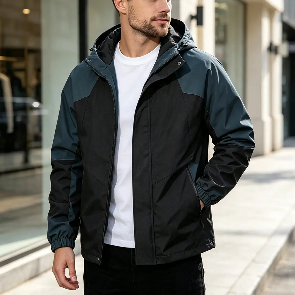 Men Jacket Edgy contrast‑tone hooded men jacket wind‑shield surface material fine stitching workmanship multi‑position functional pockets stable zipper system loose comfortable fit suitable for urban wandering countryside sightseeing