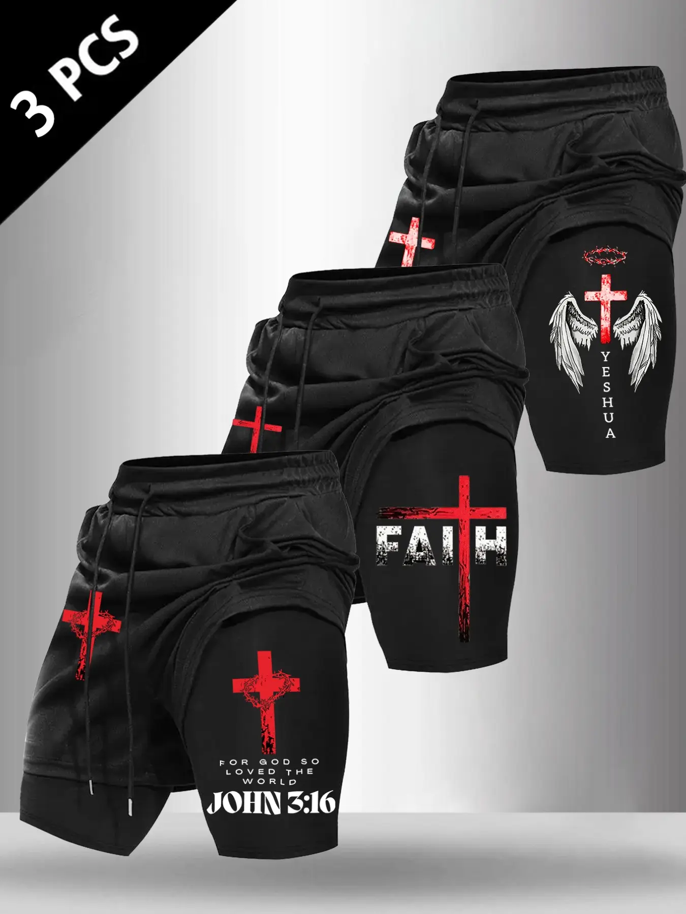3 PCS Men Double Layer Drawstring Workout Shorts Faith Cross Wings John 3:16 Crown Of Thorns Multi Religious Graphic Print Elastic Waist Christian Gym Casual Streetwear Bottoms For Training Church Daily Summer Leisure Outfit#trendingshorts #viraloutfits