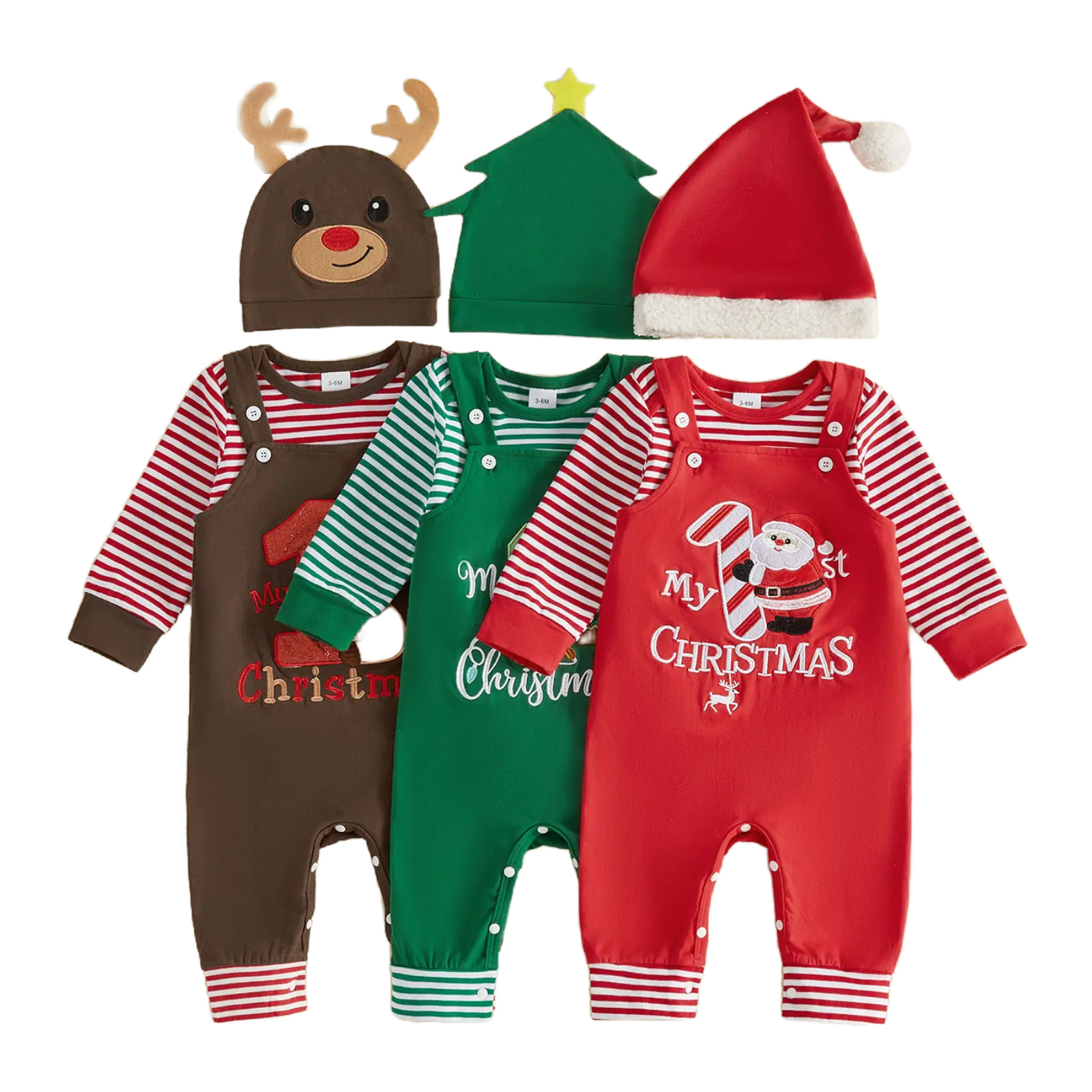 REDWOON Infant Baby Boy My First Christmas Outfit Striped Long Sleeve Bodysuit Santa/Tree/Reindeer Embroidery Overalls Jumpsuit with Santa Hat Newborn Xmas Holiday Costume