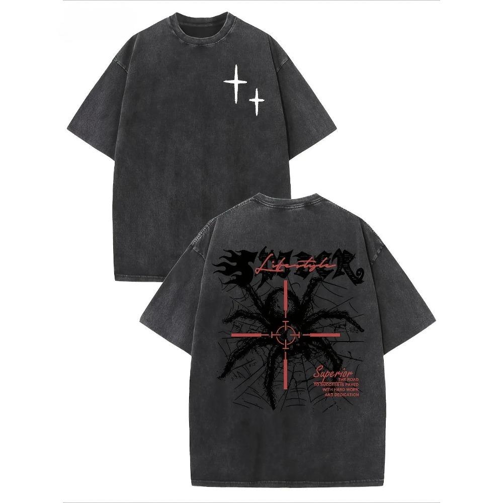 Vintage Harajuku Street Spider Double-Sided Print Pattern, Men's Vintage Streetwear Basic T-Shirt, Loose Hip-Hop and Androgynous Top, Washed Cotton Short-Sleeved Round-Neck T-Shirt for Summer Outdoor Men's Clothing.