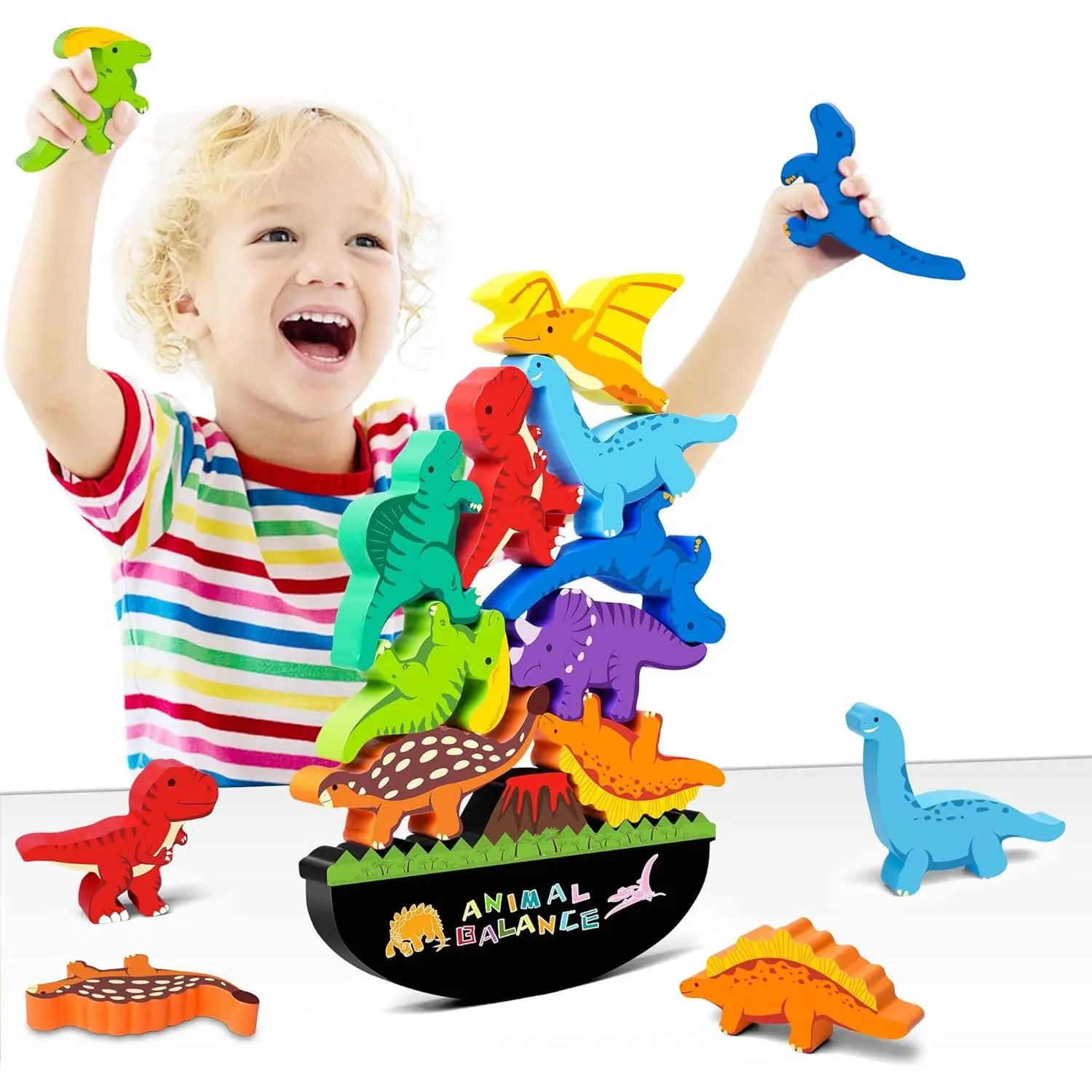Montessori Wooden Realistic Dinosaur Stacking Balancing Block Set - Black Base, Non-Toxic Paint, BPA-Free, Bigger Size, Safety-Focused Toy for 2+ Years Old Boys/Girls, Dinosaur Lovers, Perfect Holiday/Birthday Gift, Boosts Practical Ability, Room Decor