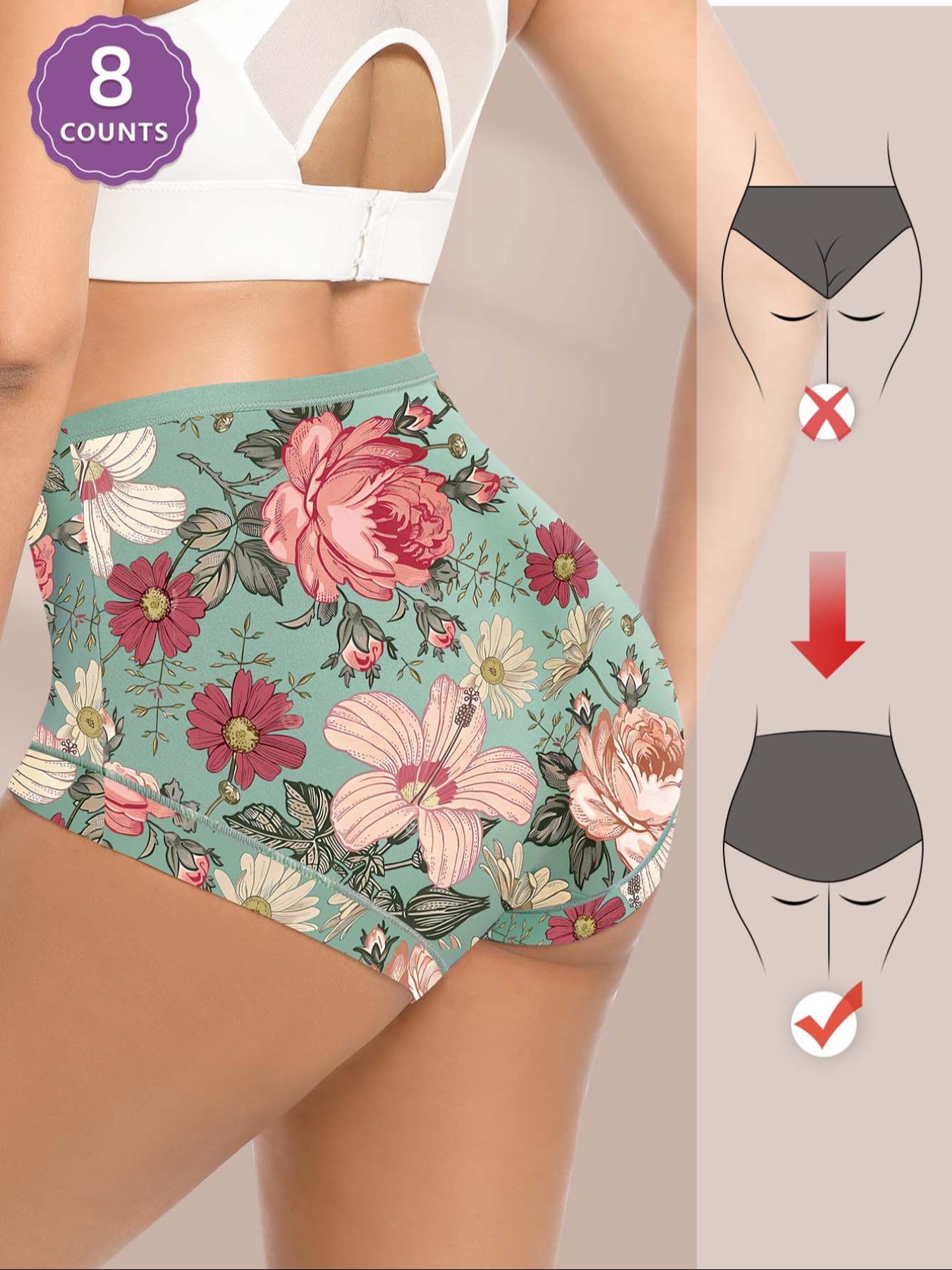 Women's Floral Pattern High Waist Underwear, Comfortable Fitted Design, All-Season Casual Style, Printed Pattern, Soft Fabric, Pack of 8