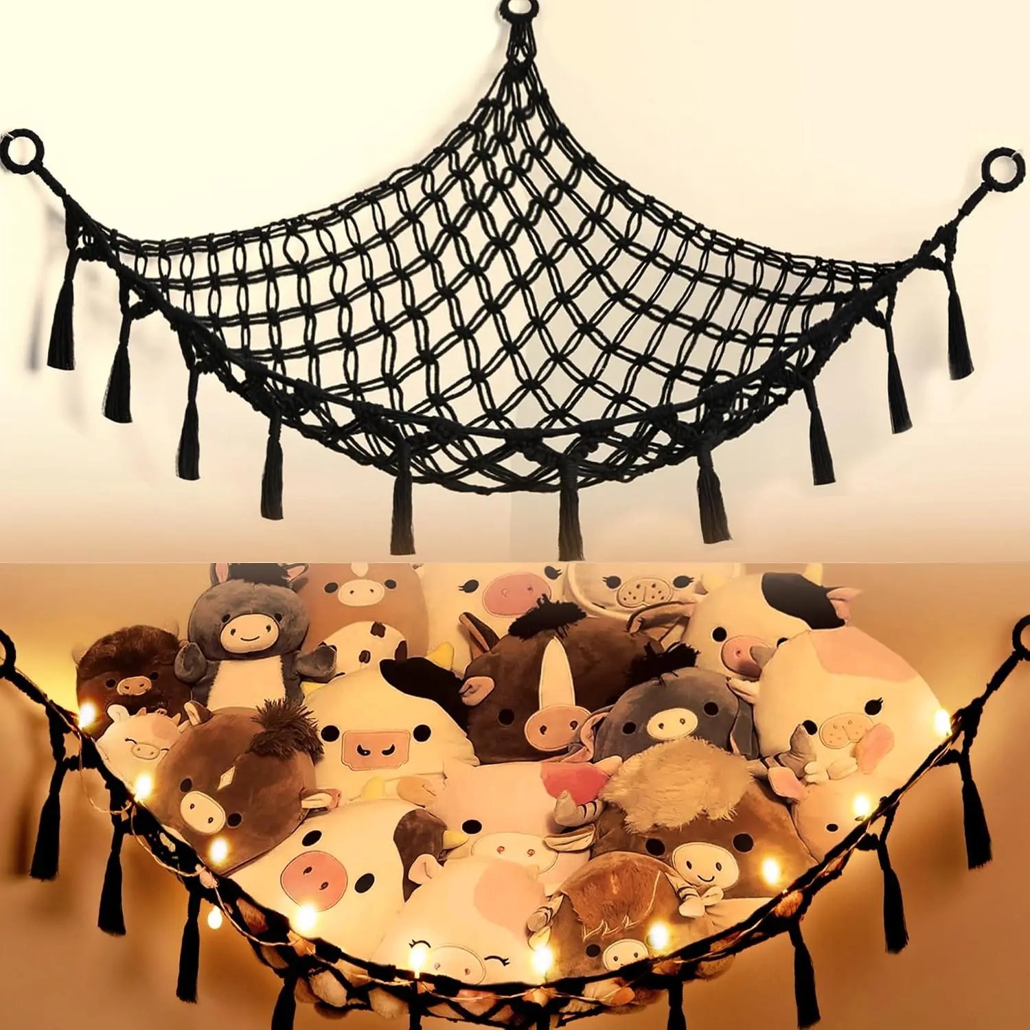 Stuffed Animal Net or Hammock with Light, Macrame Hanging Net Hammock for Stuffed Animal Toy Storage Organizer Boho Decor Room Holder for Nursery Play Room Bedroom (Black(55"*55"*72"))