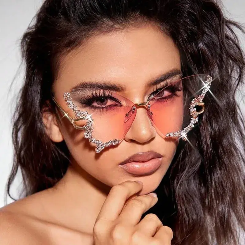 Luxury Diamond Butterfly Sunglasses Women Brand Y2K Vintage Rimless Oversized Sun Glasses Ladies Eyewear Shades UV400 Goggles