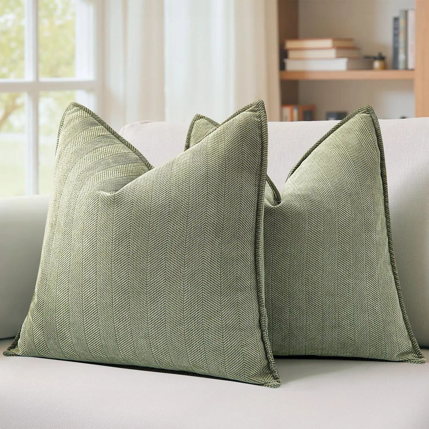 Pack of 2 Sage Green Decorative Pillow Covers 20x20 Inch Soft Chenille Luxurious Couch Throw Pillows Farmhouse Cushion Covers with Elegant Design for Sofa Bedroom Living Room Summer Home Decor