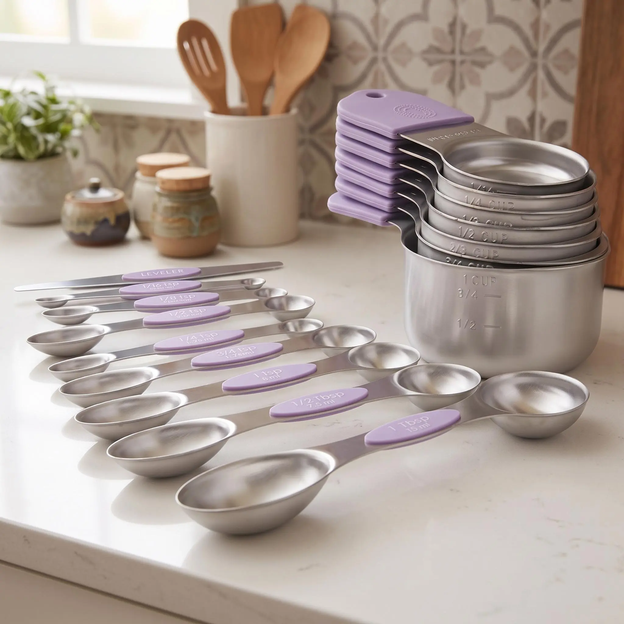 Magnetic Stainless Steel Measuring Cups and Spoons Set 16PCS, Purple Non-Slip Silicone Handle Double Sided Measuring Spoons with Leveler, Food Grade 304 Steel Kitchen Baking Measuring Tools for Flour Spice Liquid