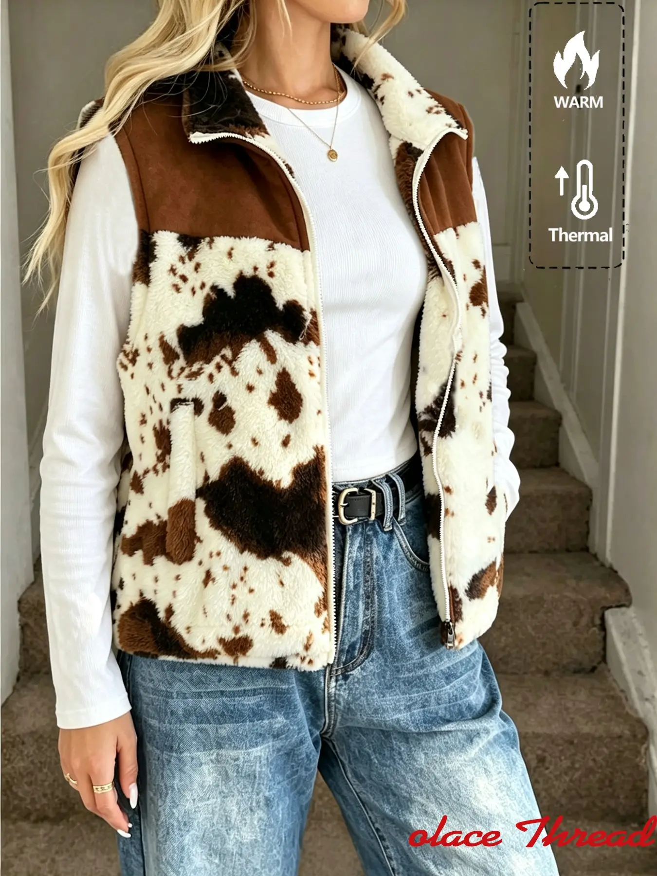 Unisex Fleece Vest, Cow Print Patchwork Tank Top, Stand Collar Zipper Sleeveless Jacket, Western Streetwear, Puffy Warm Layered Vest