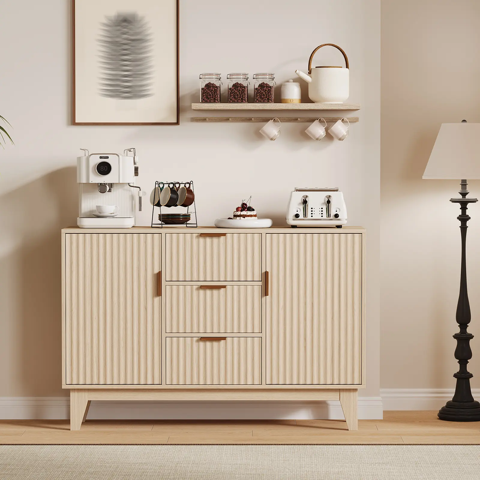 Fluted Sideboard Buffet Cabinet with Storage & 2 Doors and 3 Drawers, Farmhouse Kitchen Storage Cabinet & Coffee Bar Console Table for Dining Room, 47"w x 31.5"h x 15.75"d