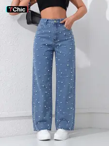 Women's High-Waisted Light Blue Washed Pearl Decorated Wide Leg Jeans, Straight Leg Denim Long Pants, Casual American Street Style