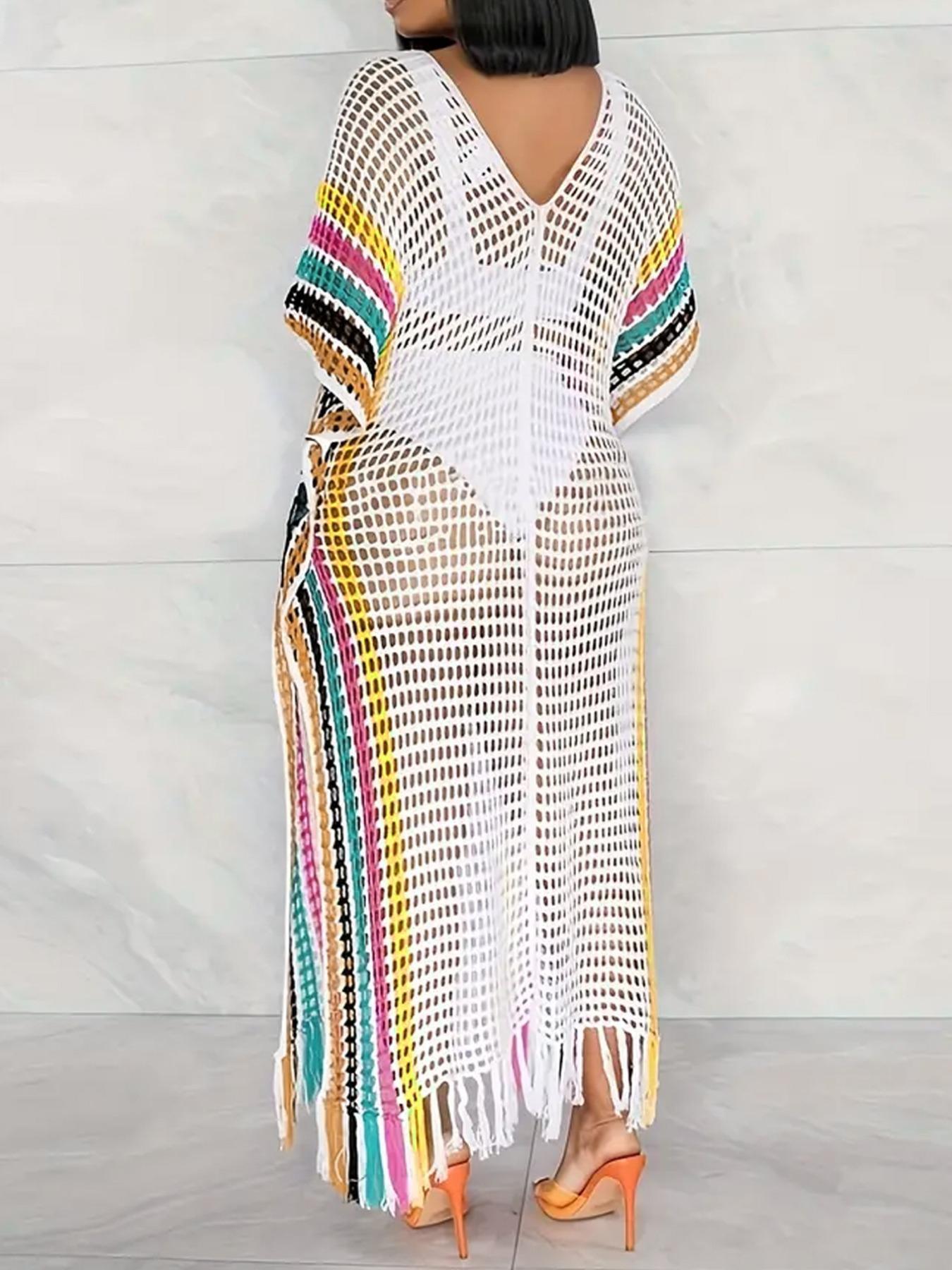 Plus Size Women's Striped Print Fringe Trim Hollow Out Split Thigh Sweater Dress, Plus Batwing Sleeve V Neck Cover Up Long Knitting Dress Swimsuit Cover Up Beach Cover Ups