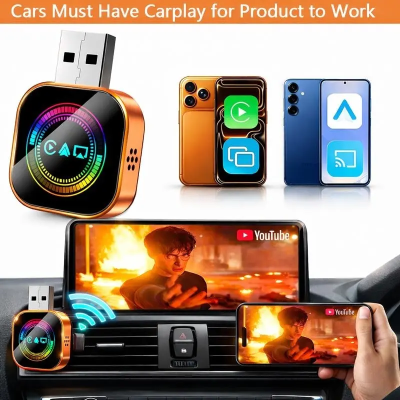 2026 4-in-1 AirPlay upgraded wired-to-wireless CarPlay adapter, Automotive CarPlay Converter, fast connection, no delay, hands-free calling, universal charger, CarPlay accessory, dual-car automatic, heat dissipation, creative gift