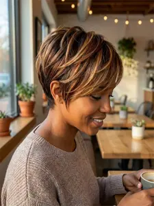 Natural Black 1B/30# Short Pixie Cut Human Hair Wig for Black Women Layered Pixie with Bangs Glueless Wear & Go Brazilian Virgin Hair Soft Lightweight Daily Style