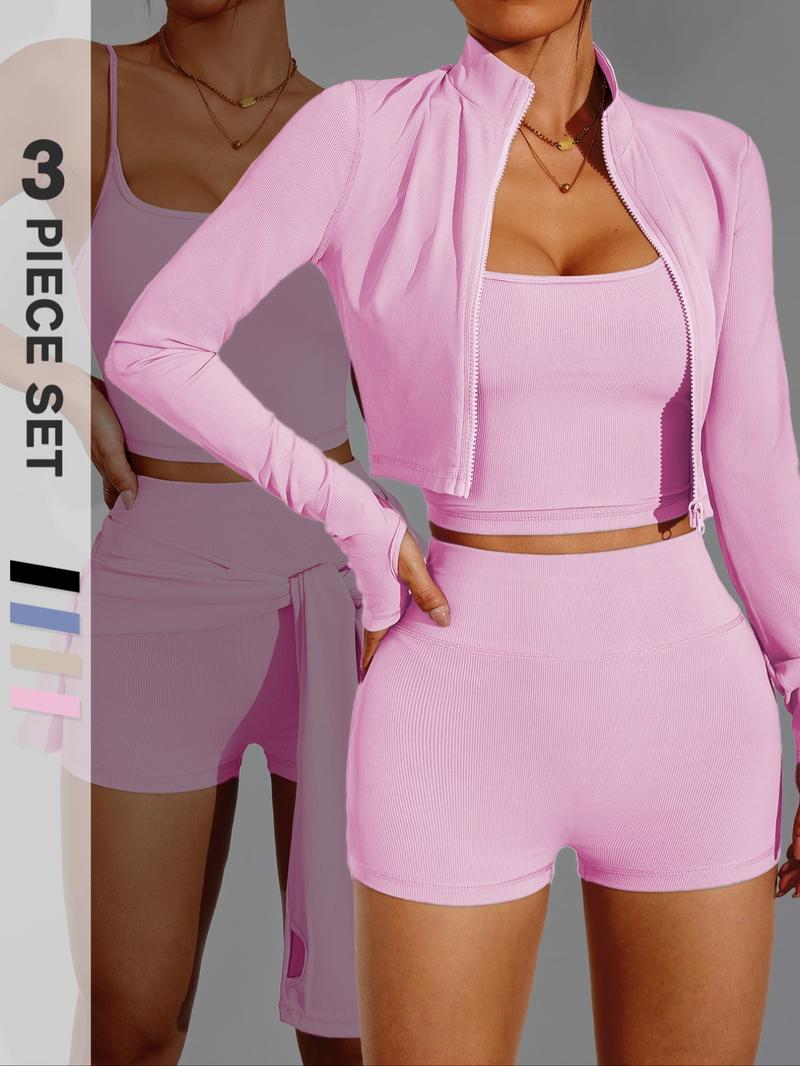 Three-Piece Set Women's Solid Crop Cami Top & High Waist Skinny Shorts & Long Sleeve Thumb Hole Zip Up Stand Collar Jacket Set, Slim-fitting Sporty Tummy Control Butt Lifting Sportswear Set for Yoga Gym Workout Running, Workout Running Clothes