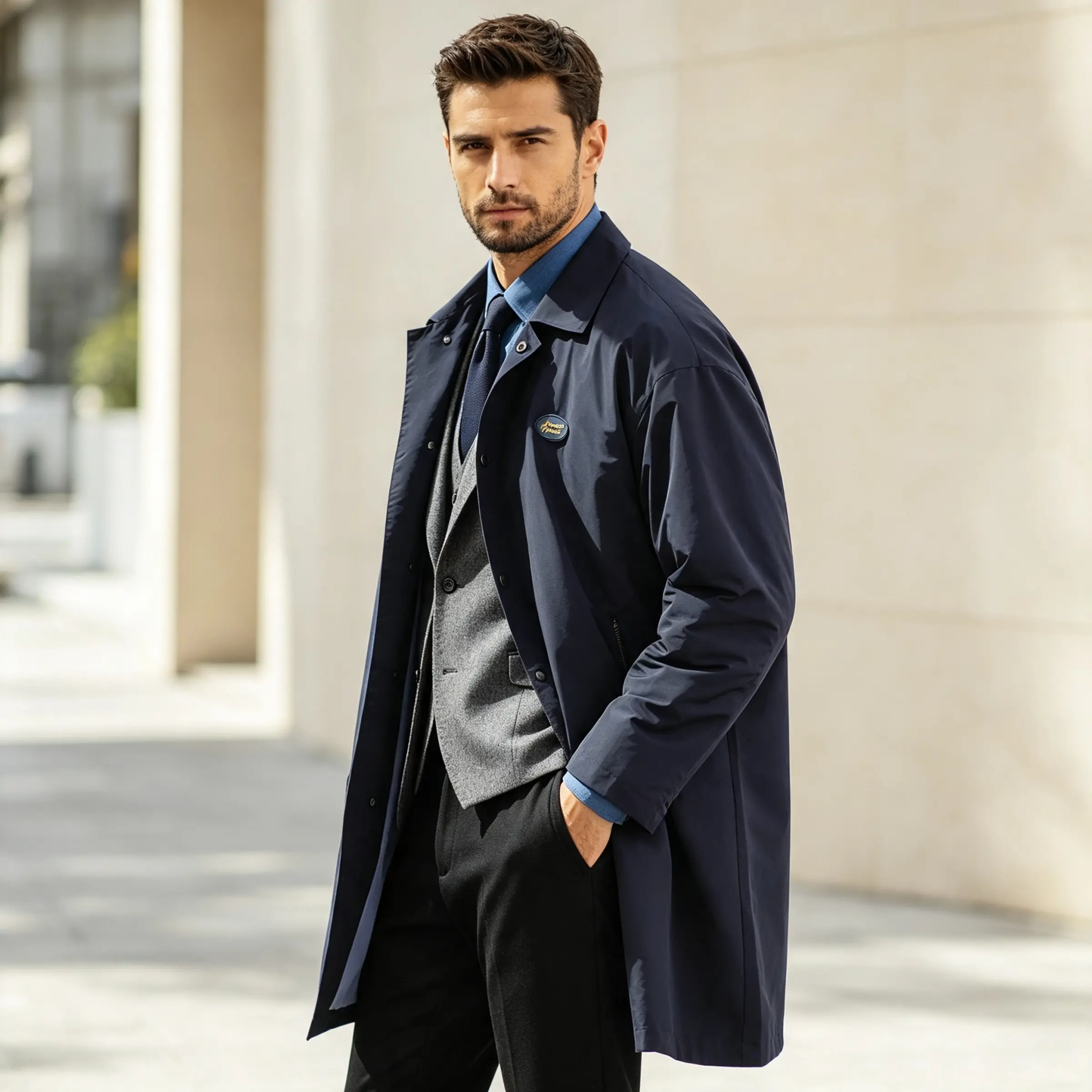 Premium Teflon Triple Protection Balmacaan Trench Coat for Men, Lapel Collar Mid-Length Windbreaker, Business Casual Water Repellent Oil Stain Resistant Outdoor Overcoat Menswear Fashion