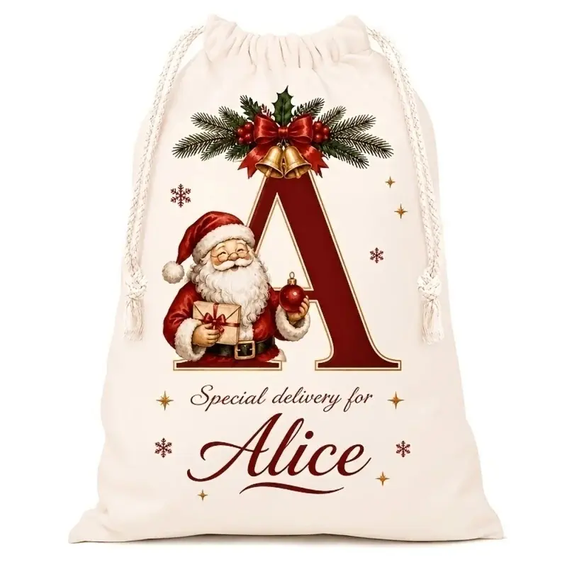Personalized Christmas Santa Sack,Custom Name Initial Canvas Drawstring Gift Bag,Vintage Santa Xmas Present Bag Holiday Decor