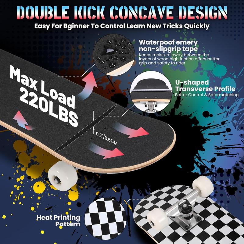 Pro Complete Skateboards for Beginners Girls Boys Kids Youths Teens Adults 31"x8" Skate Boards 7 Layers Canadian Maple Double Kick Deck Concave Longboard