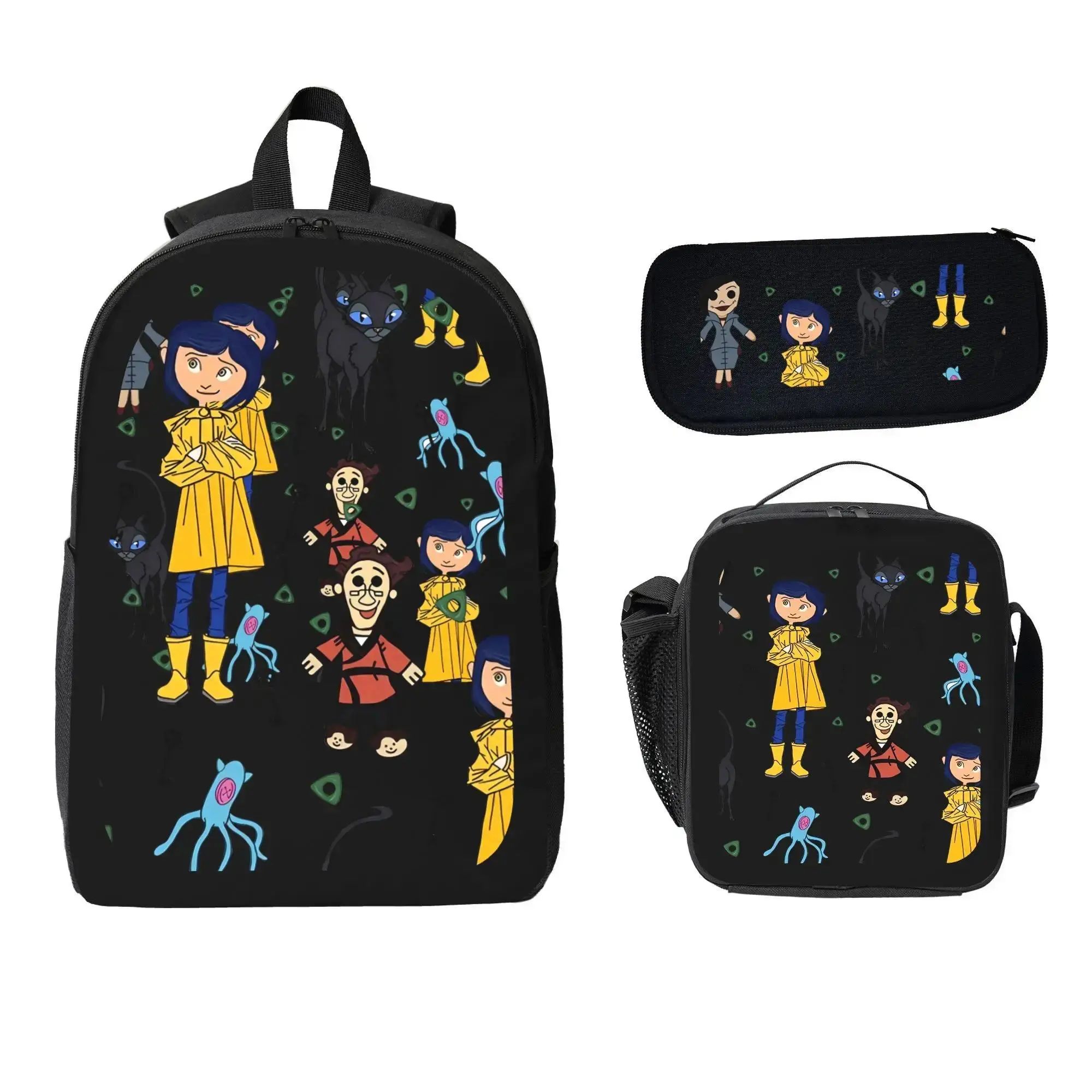 Coraline Themed Kids' School Bag Set (Includes Backpack, Insulated Lunch Bag, and Pencil Case) — An Ideal Back-to-School Gift for Boys and Girls