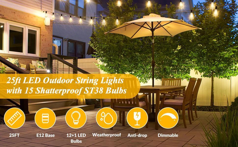【SUMNEW-STORE】Outdoor String Lights, 25-200FT Patio Lights with 10-100 ST38 LED Edison Bulbs, Waterproof Connectable String Lights for Outside, Dimmable Hanging Light for Backyard Porch Decor, Black