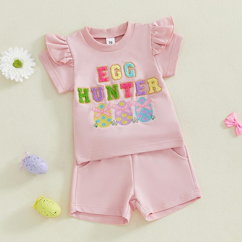 Toddler Baby Little Girl Easter Outfits Letter Embroidery Short Sleeve T-Shirt with Shorts 2 Pcs Set 0-5 Years