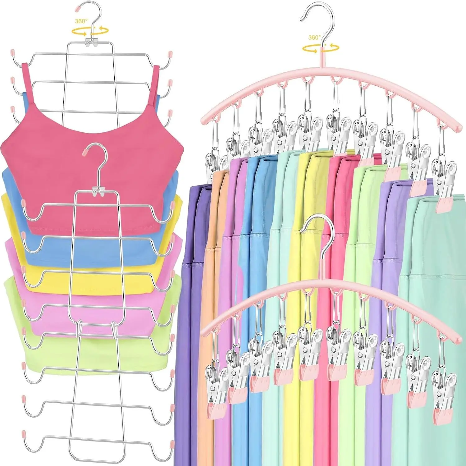 360° Swivel 2 Pack Tank Top Hanger and 2 Pack Leggings Organizers Space Saving Sport Bras Organizer Metal Yoga Pants Hangers with 20 Clips Hanging Closet Organizers and Storage, Pink