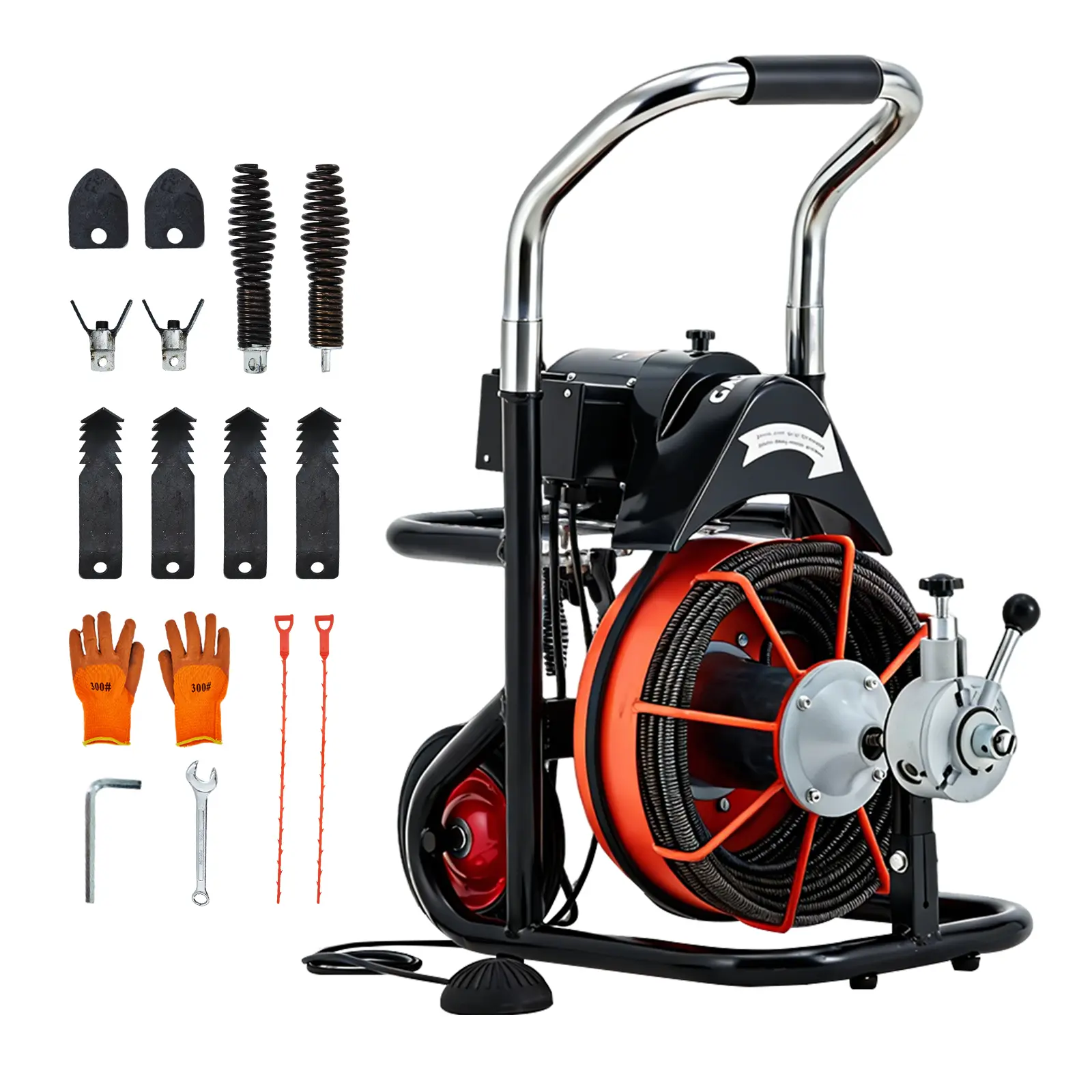 Garvee Auto-Feed Electric Drain Cleaner Machine, 450W Wheeled Sewer Snake Auger with 100 FT 3/8 in Cable, Air Foot Switch & 10 Cutters, Heavy-Duty Pipe Unclogger for 2–4 Inch Drains