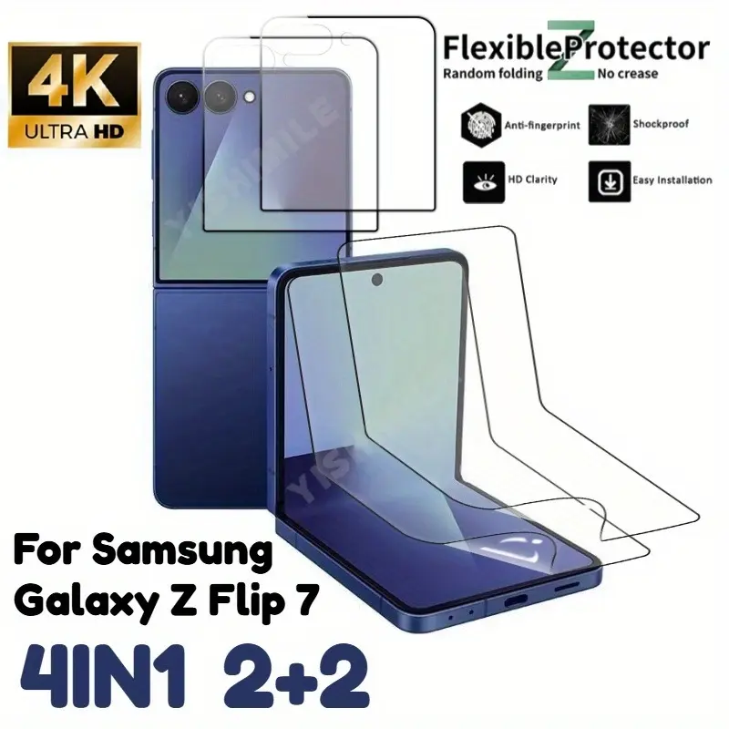 2+2 Pack for Samsung Z Flip8/7/6, 4-in-1 Screen Protector Set: 2 TPU Inner Films + 2 Tempered Glass Outer Screens, HD Clear, Oil & Fingerprint Resistant, Full Coverage