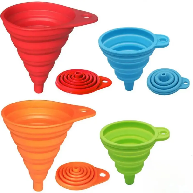 1Pack Silicone Collapsible Kitchen Funnel Set - Small & Large Sizes, Red Orange Blue Green, Heat Resistant, Food Grade Safe, Easy Storage & Dishwasher Safe