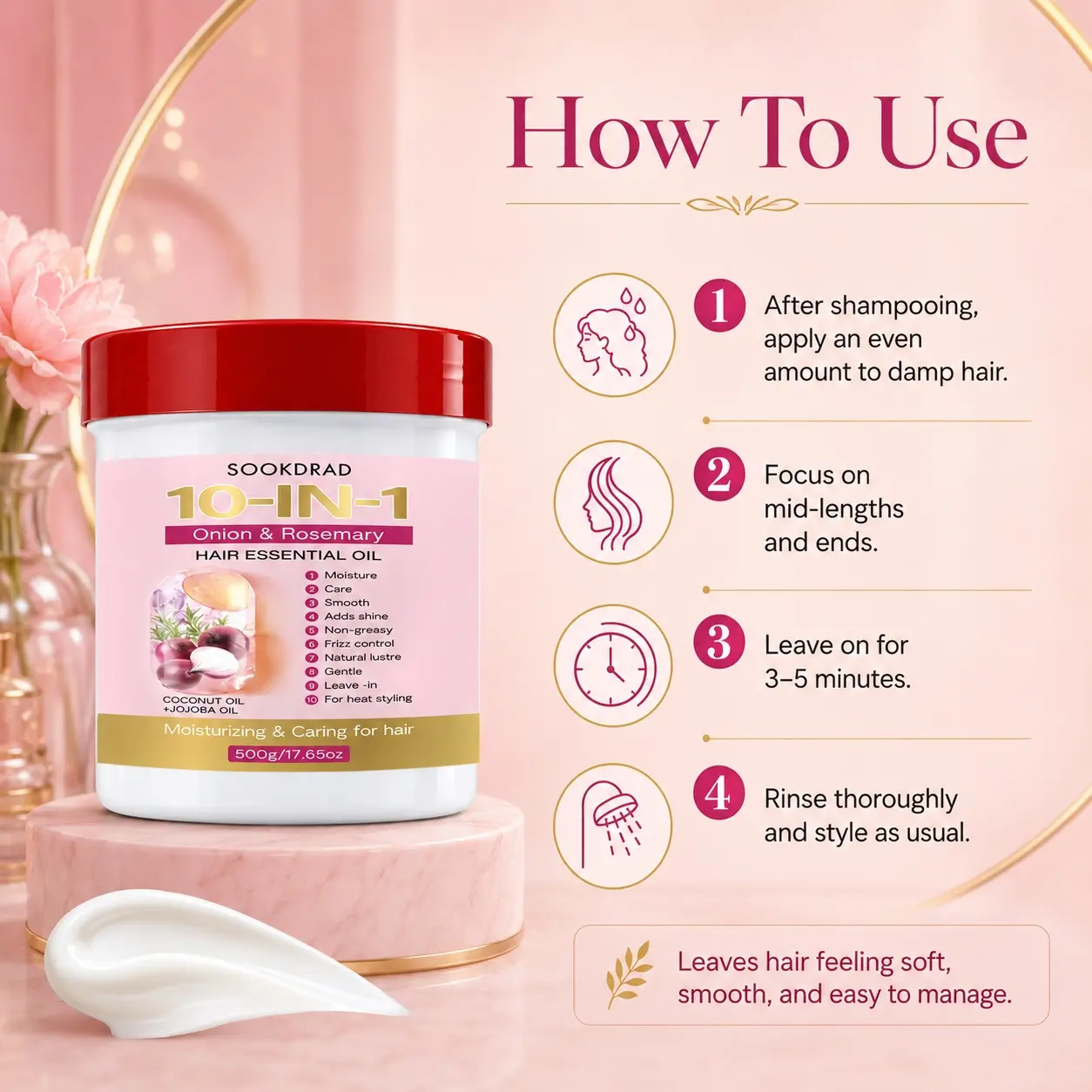 10-IN-1 Onion Rosemary Hair Essential Oil, Infused with Coconut Oil and Jojoba Oil, Moisturizing, Care, Smooth, Adds Shine, Non-greasy, Frizz Control, Natural Lustre, Gentle, Leave-in, Heat Styling