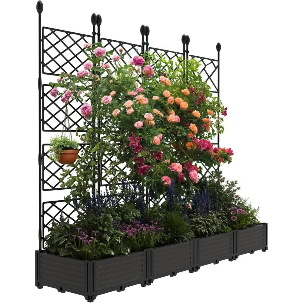 63-Inch Raised Garden Bed with Trellis, Privacy Screen, Reservoir and Drainage - Lightweight Freestanding Planter Set Boxes for Container Gardening, Climbing Plants, Vegetables, Patio, Balcony