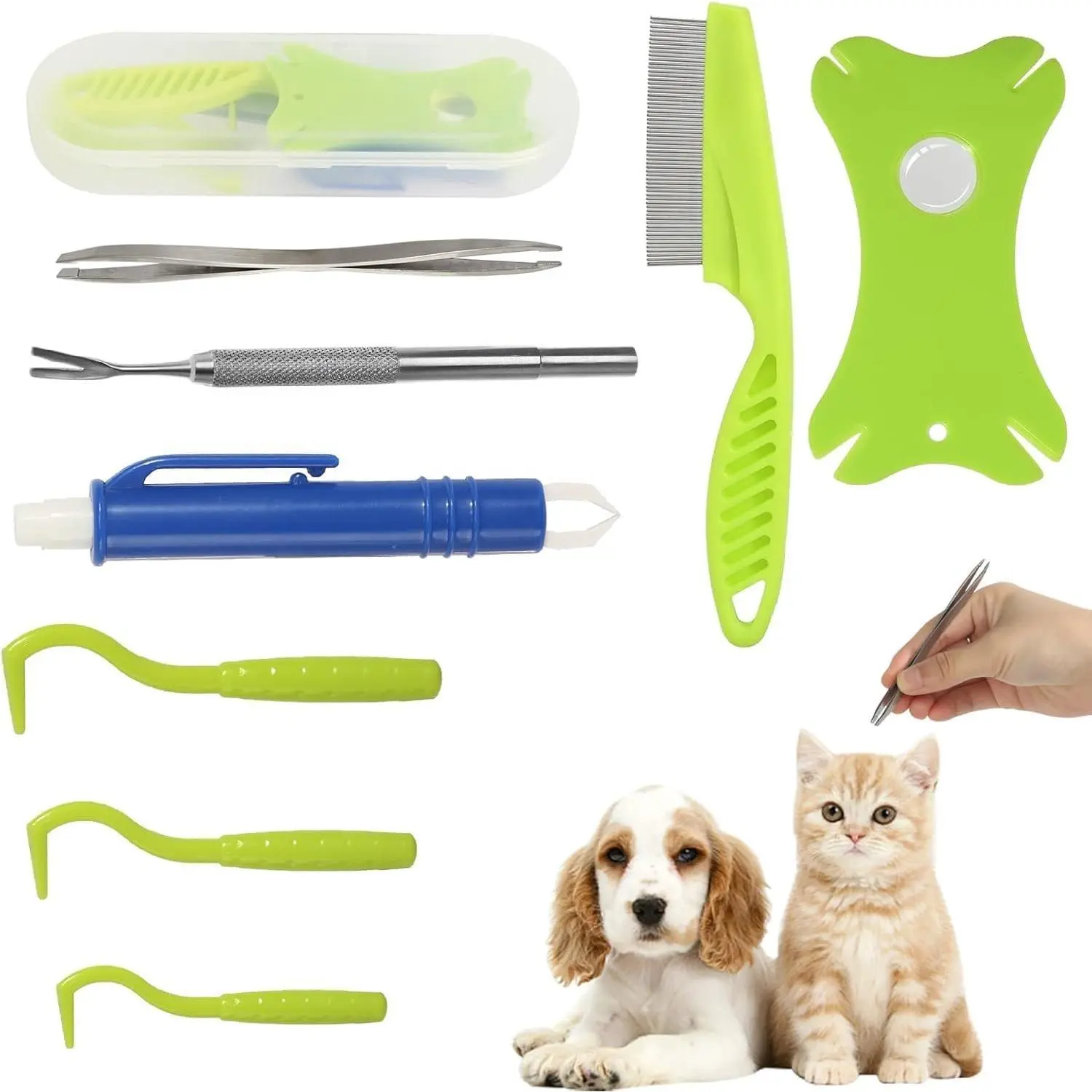 Tick Removal Tool 8 in 1 with Storage Box, Tick Tweezers, Flea Comb, Magnifying Glass, Tick Removal Kit for Dogs Cats Pet