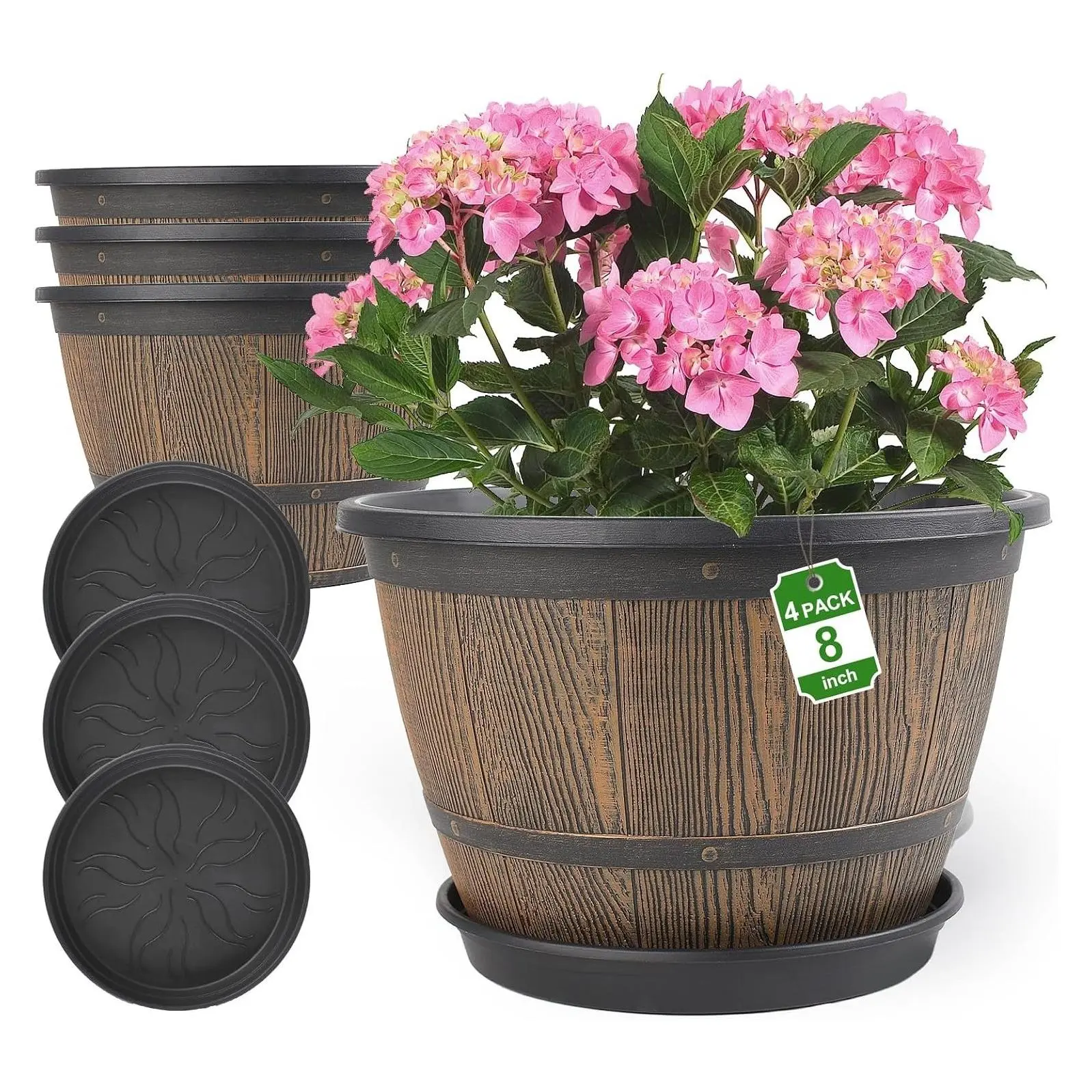 8 Inch Whiskey Barrel Plastic Plant Pots with Saucers, 4 Pack, Drainage Holes, Indoor Outdoor Decorative PlantersGift