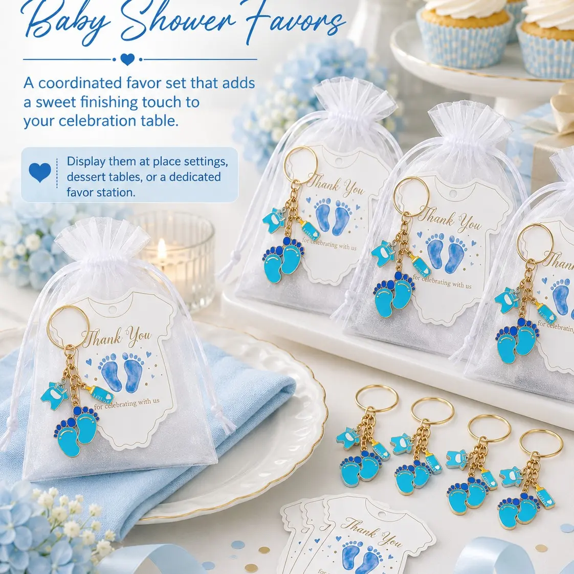 60pcs/20sets Blue Baby Feet Keychain Baby Shower Favors for Guests, Cute Baby Boy Footprint Keychain Gifts with Organza Bags and Thank You Cards, Baby Shower Party Supplies, Gender Reveal Party Favors, Newborn Welcome Party Keepsakes