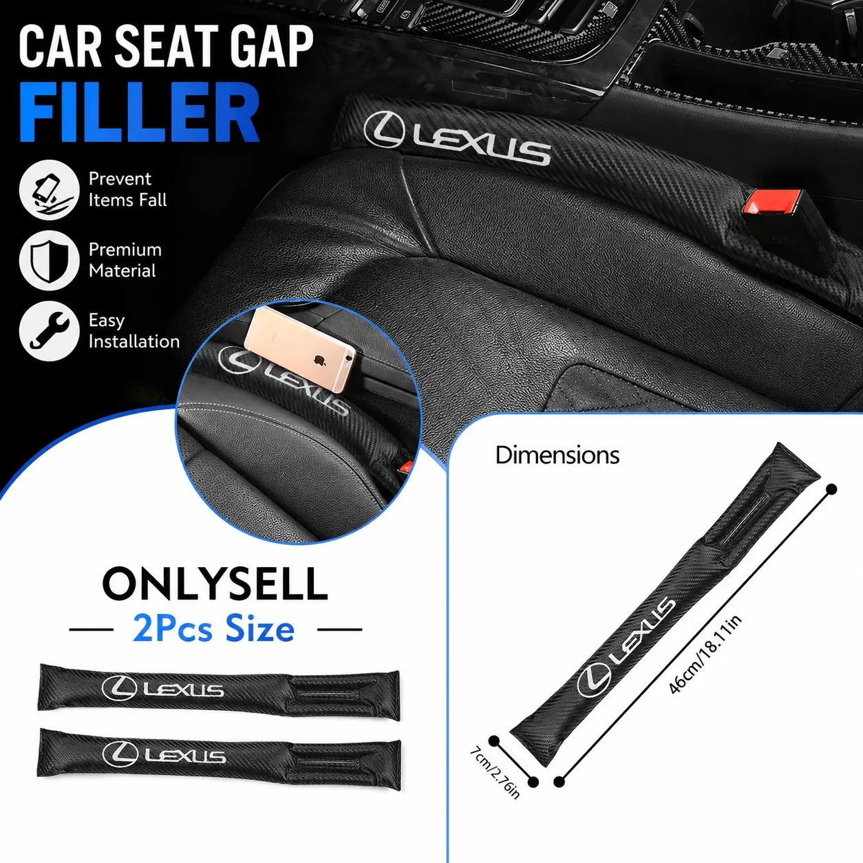 2PCS Car Seat Gap Filler with Logo, Universal PU Leather Seat Crevice Organizer & Anti-Drop Pad for Lexus ES RX IS GS NX UX GX LX LS CT F Sport Accessories, Car Organizers