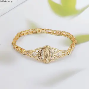 Gold Filigree Bracelet for Women with Ornate Virgin Mary Medallion and Crystals, Elegant Catholic Faith Jewelry, Womens Gifts