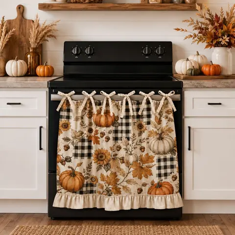 Pumpkin Kitchen Oven Curtain - Farmhouse Style Stove Door Skirt with Bow Strap, Kitchen Accessories for Fall Decor, Cute Seasonal Appliance Cover for Home Holiday Parties