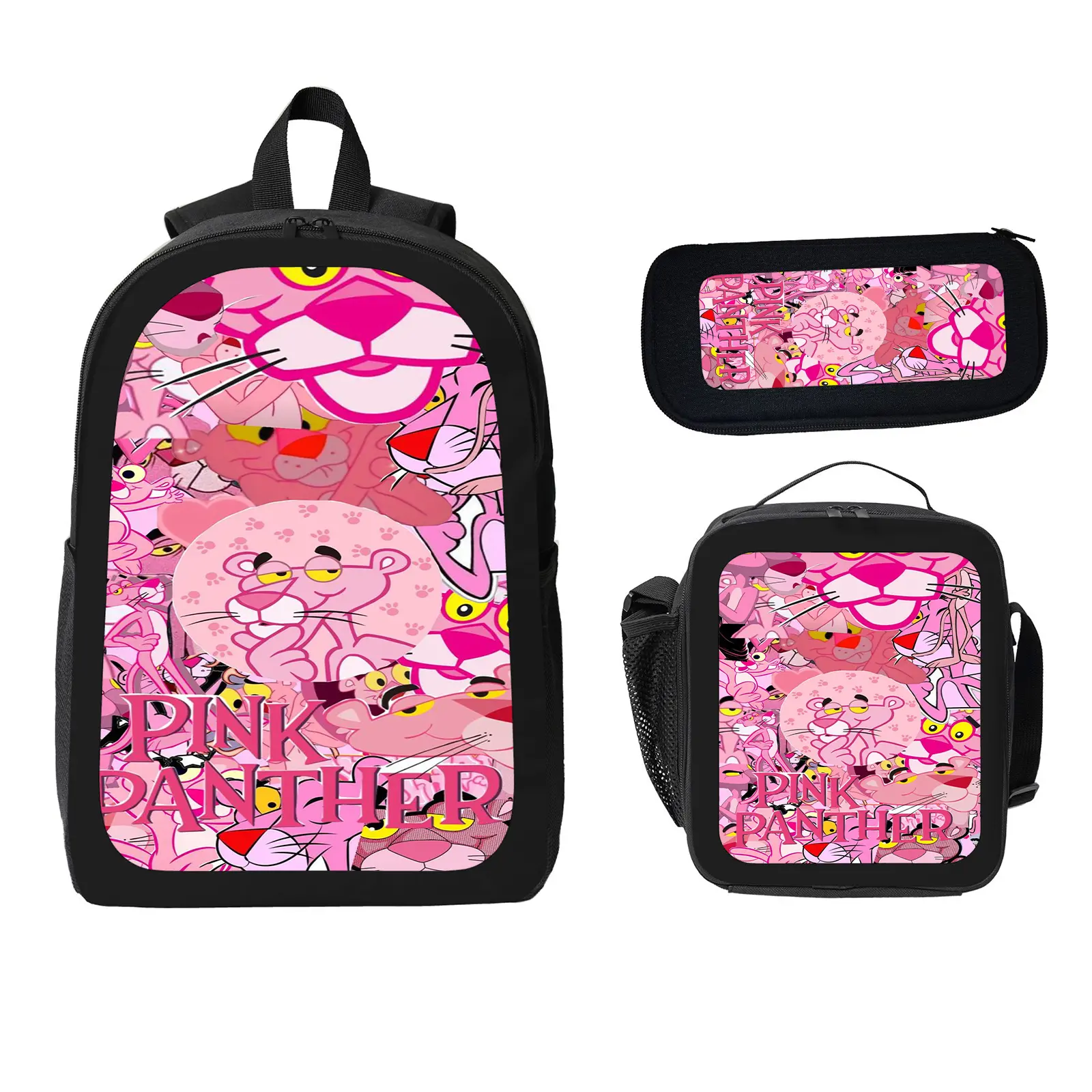 Unisex Pink Panther 3-Pcs School Backpack Set Pack, Large Space Bookbag with Insulated Lunch Bag & Pencil Case, Water-Resistant Travel Daypack for Elementary-Middle School Kids e-56