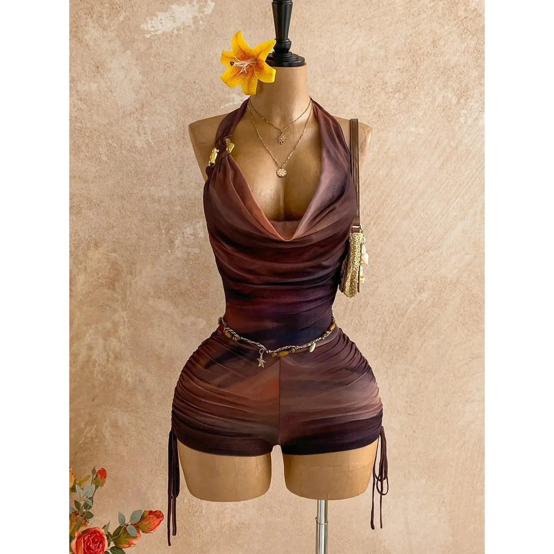 Women's Vintage Gradient Print Mesh Metallic Decor Layered Ruffle Deep V Jumpsuit, Perfect for Party, Date, Valentine's Day, Holiday, Beach, Music Festival
