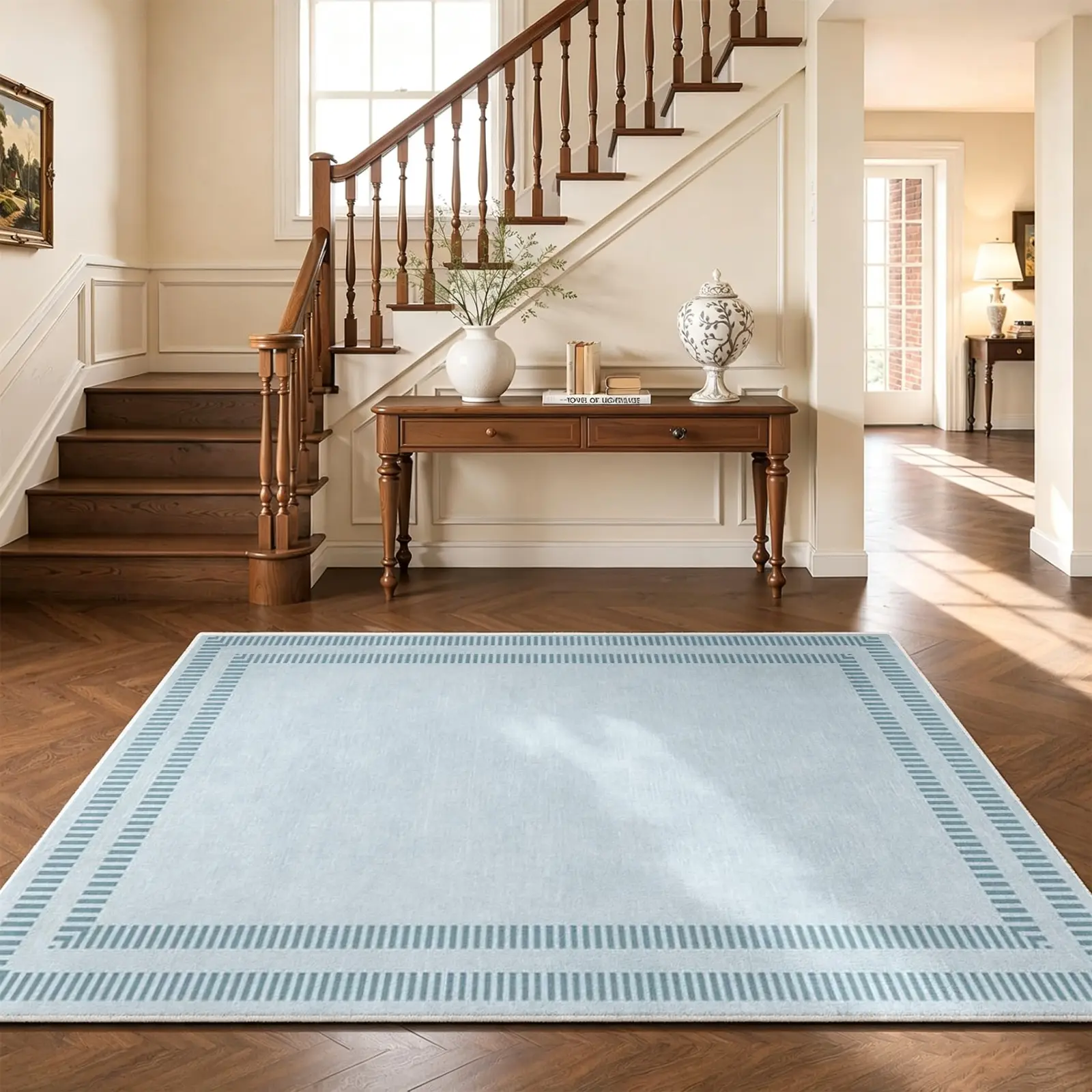 Contemporary Faux Wool Coastal Area Rug - Light Blue Center with Dot Border, Soft, Non-Slip, Machine Washable, Stain-Resistant Low-Pile Floor Covering, Multi-Size Entryway Decor for Living Room