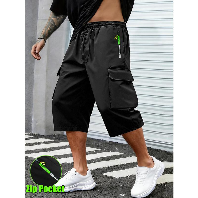 Men's Plain 7/8 Length Lightweight Belted Mid-Waist Cargo Pants - Menswear, Regular & Casual Comfy Fit, Quick-Dry Poly, Zip Pockets, Utility Belt, Outdoors Street Bottoms, Line Dry
