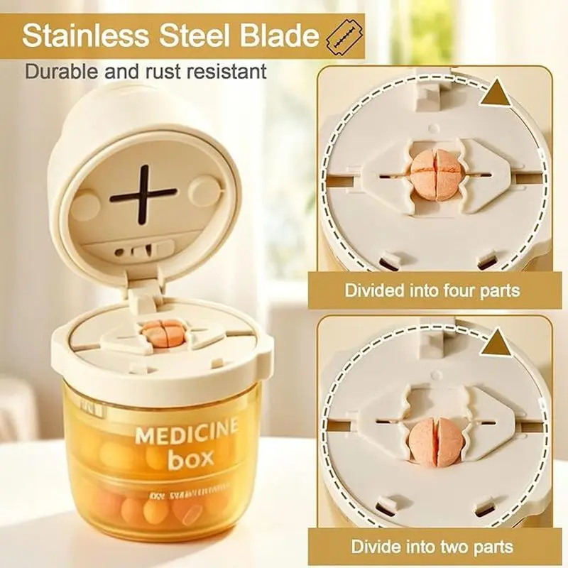 2-in-1 Pill Cutter Splitter for Small and Tiny Pills, 1/2 1/4 Pill Splitter for Small Pills,Vitamins, Tablets in Half or Quarters, Accurate and Easy Cutting, Stainless Steel Blade, Portable medicine box,Fits in a handbag or pocket