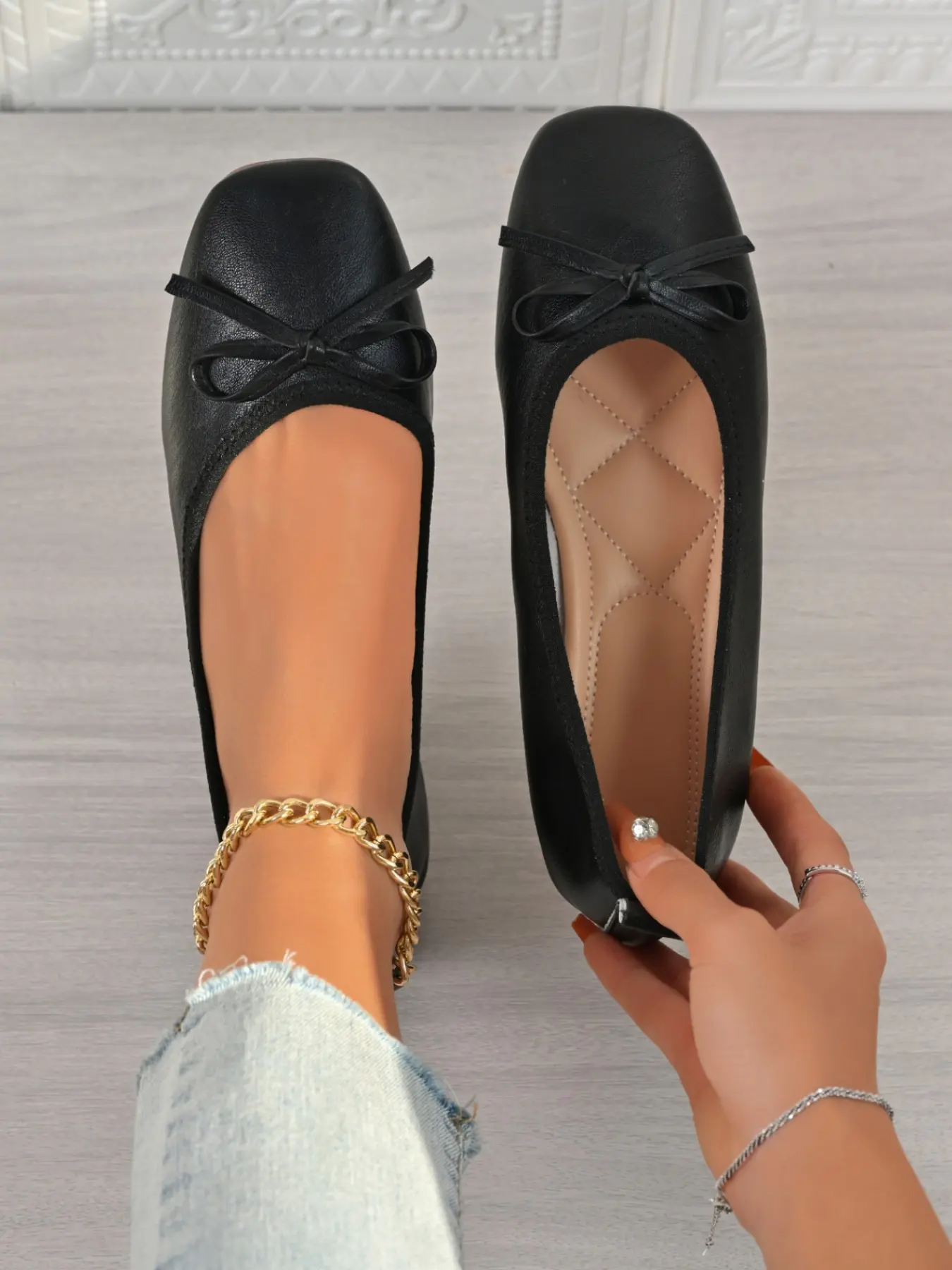 Women's Plus Size Ballet Flat Shoes, Plain Bowknot Decoration, Square Toe Design, Casual Comfort Slip-On Loafers, Versatile Spring Fall Fashion Footwear