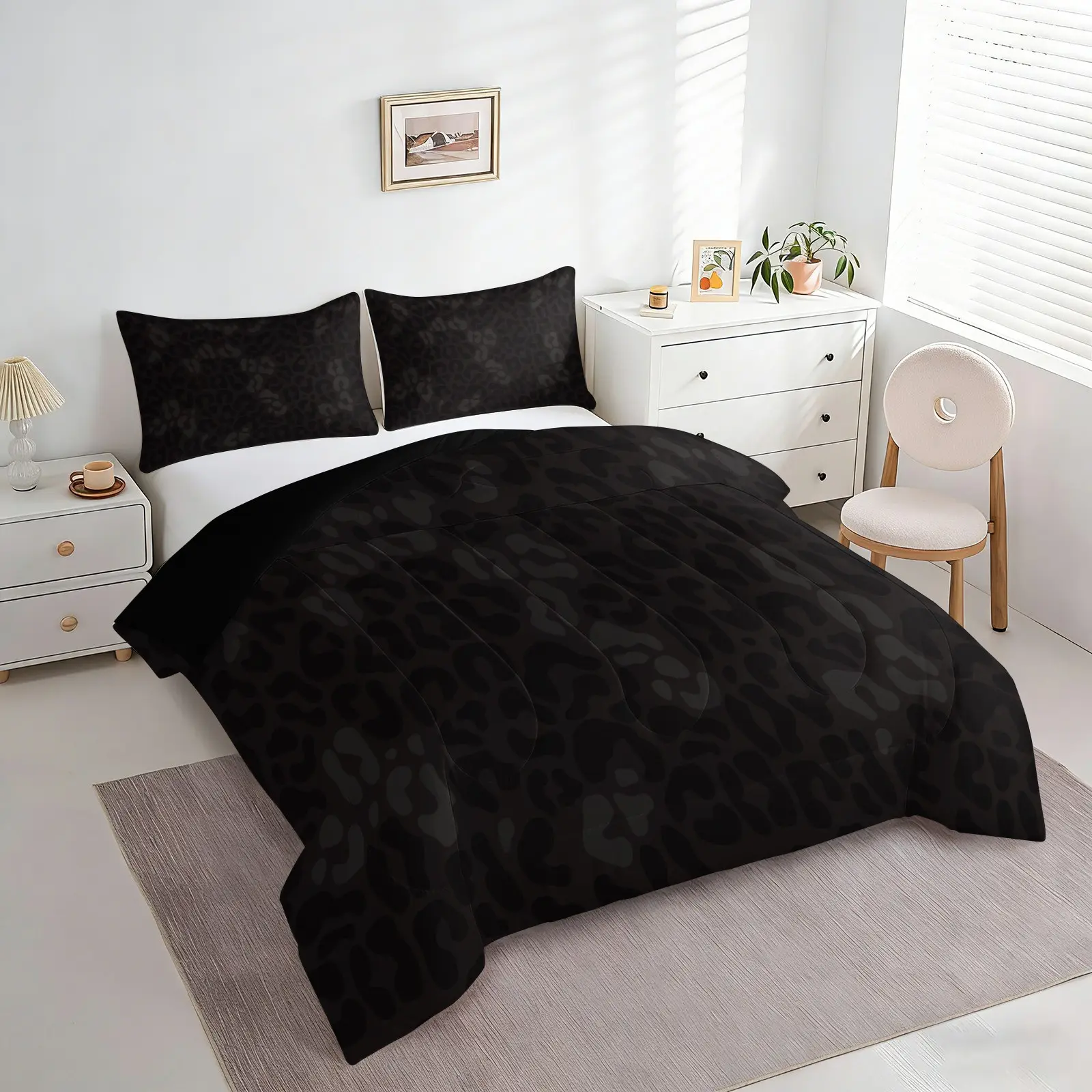 2/3Pcs Black Leopard Print Comforter Set, 1 Comforter & 2 Pillowcases No Pillow Insert, Dark Tone Leopard Bedding, All Season Soft Quilt, Minimalist Gothic Bedroom Decor