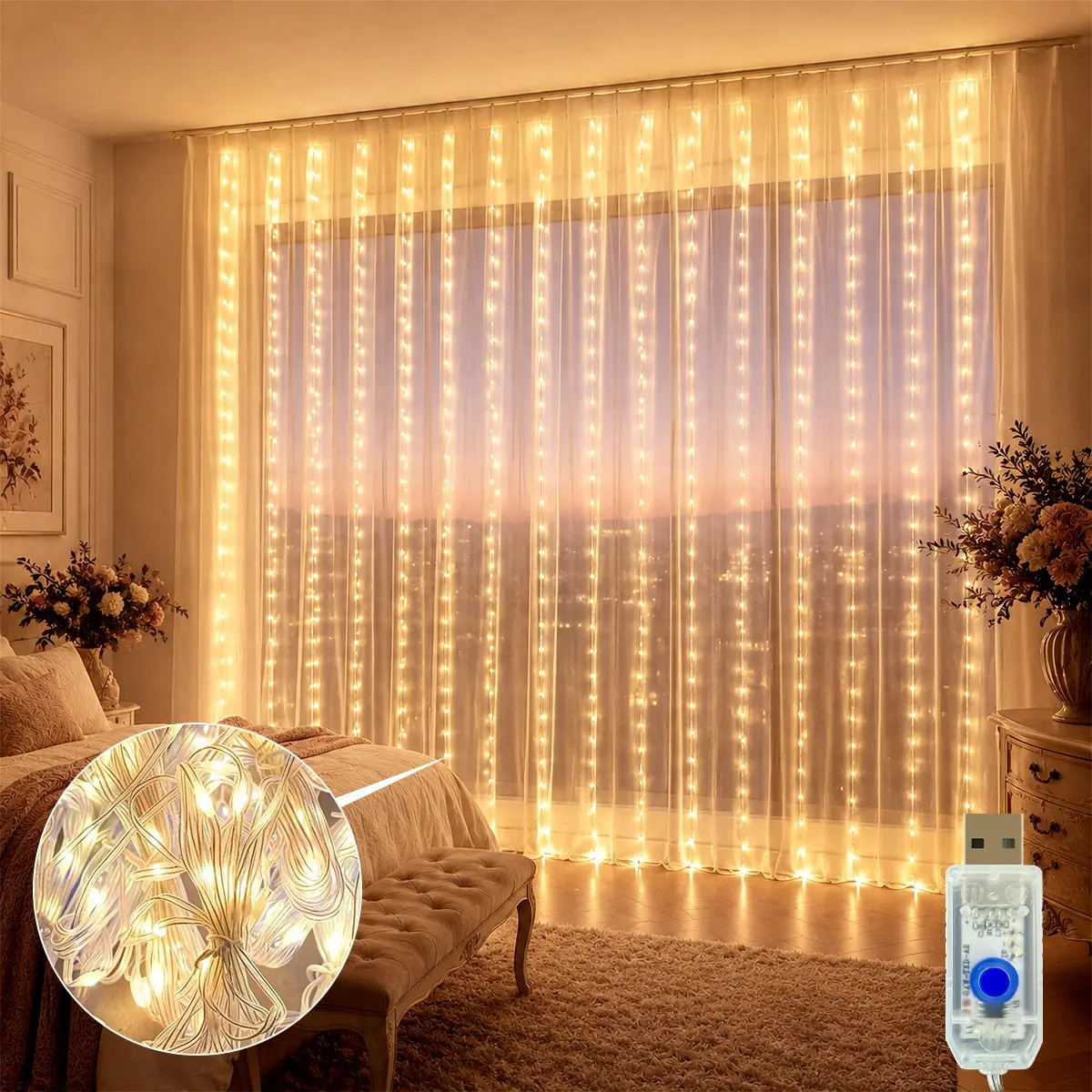 3x3m Atmosphere Light USB Plug, 300 Leds Colorful, 8 Modes Curtain String Lights, Decorative Led Light, Outdoor Remote Control Decor